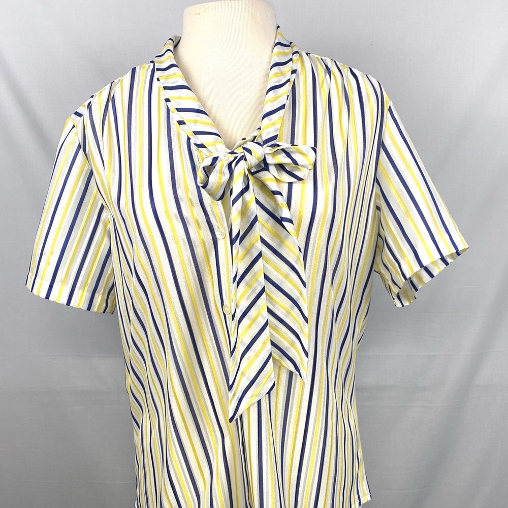 Vintage Cricket Lane Floral Tie Neck Blouse Top Shirt Size 16 Striped Yellow.